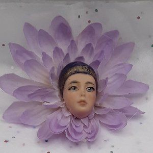 Sweet Little Flower Petal With Miniature Doll Face Mask Brooch Pin Handcrafted